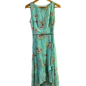 EUC Sandra Darren Pink Floral Print Ruffle High Low Mint Midi Dress